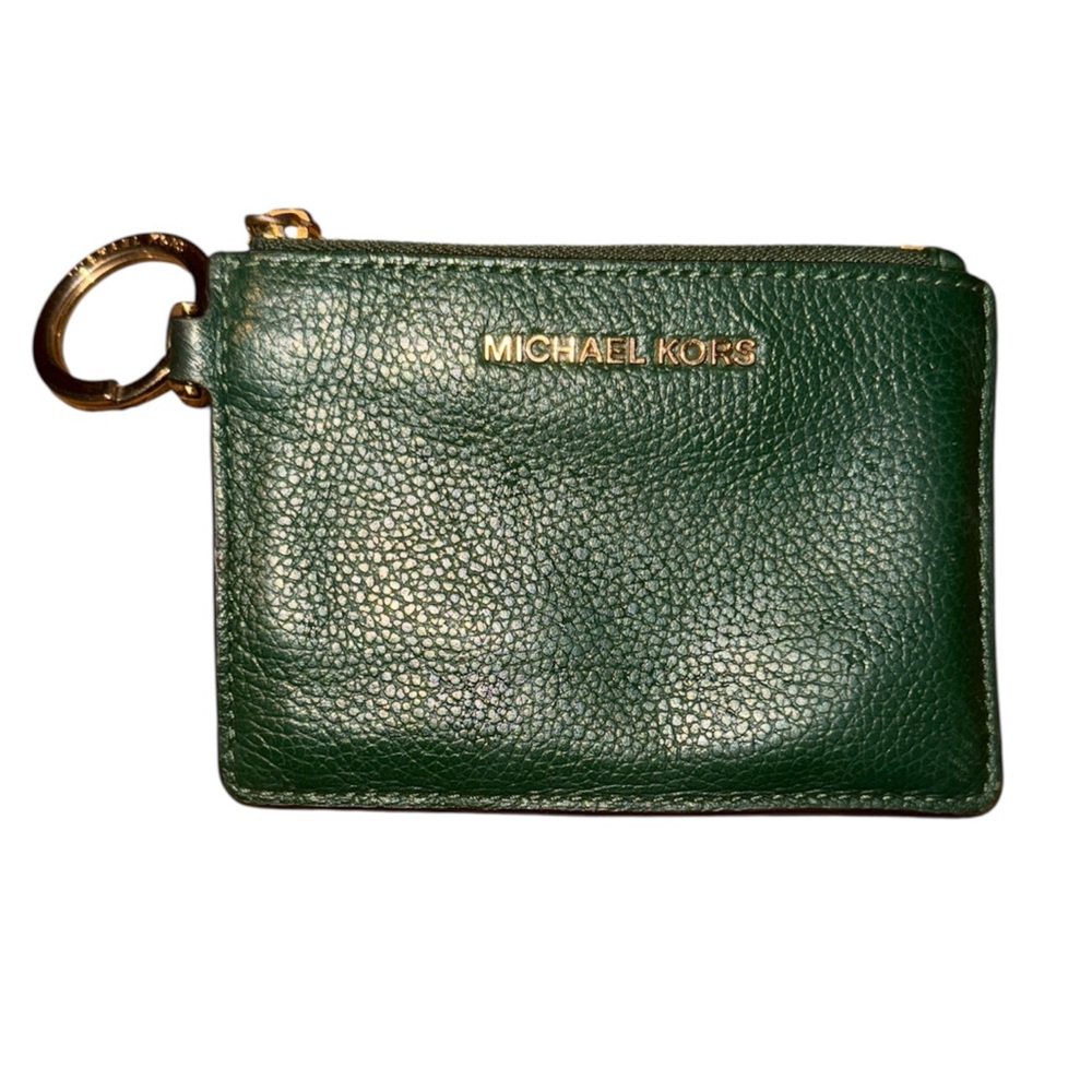 •MICHAEL KORS•FOREST GREEN PEBBLED LEATHER W/GOLD KEYRING CARD HOLDER POUCH EUC